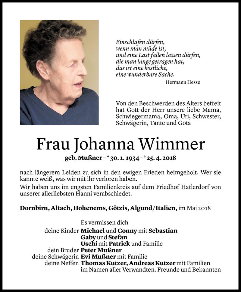  Todesanzeige für Johanna Wimmer vom 05.05.2018 aus Vorarlberger Nachrichten
