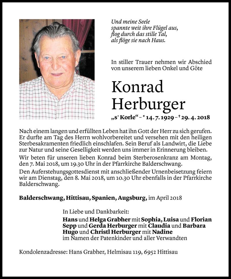  Todesanzeige für Konrad Herburger vom 04.05.2018 aus Vorarlberger Nachrichten