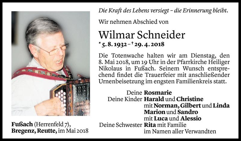  Todesanzeige für Wilmar Schneider vom 04.05.2018 aus Vorarlberger Nachrichten