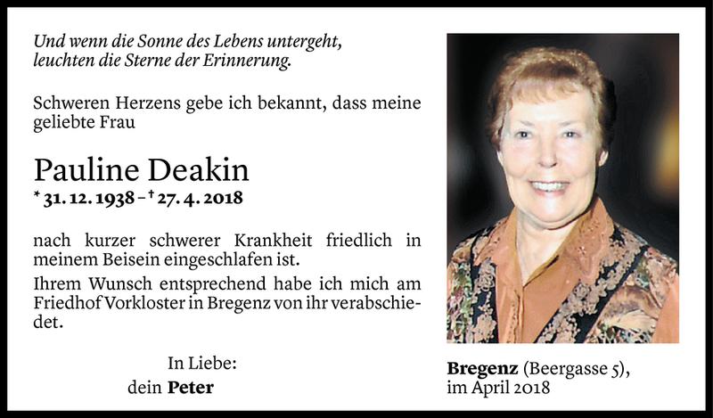  Todesanzeige für Pauline Deakin vom 09.05.2018 aus Vorarlberger Nachrichten