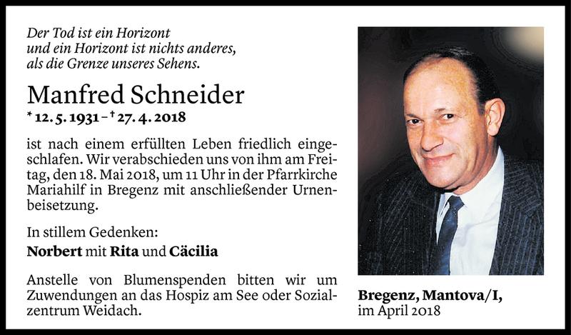  Todesanzeige für Manfred Schneider vom 15.05.2018 aus Vorarlberger Nachrichten