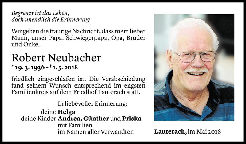  Todesanzeige für Robert Neubacher vom 08.05.2018 aus Vorarlberger Nachrichten