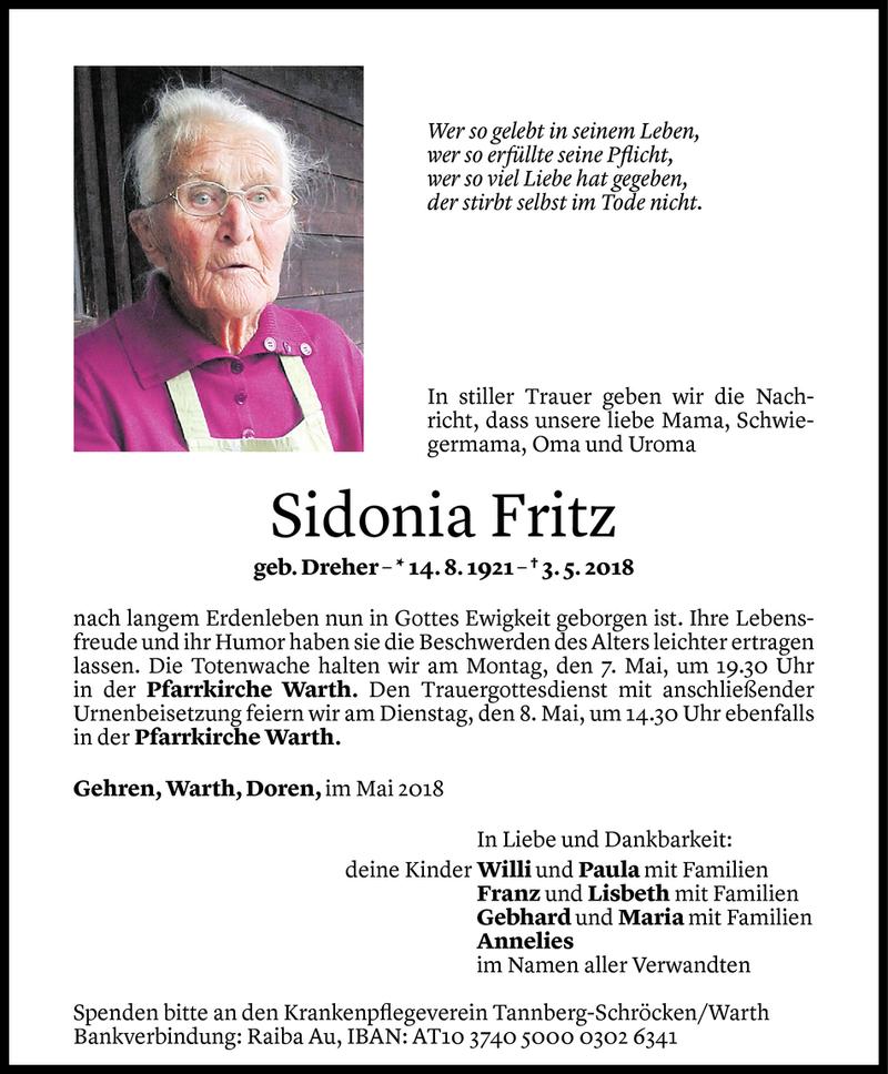  Todesanzeige für Sidonia Fritz vom 04.05.2018 aus Vorarlberger Nachrichten