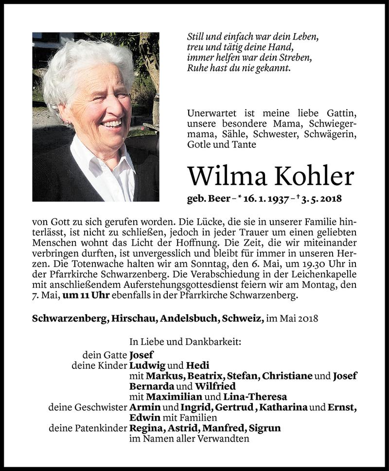  Todesanzeige für Wilma Kohler vom 04.05.2018 aus Vorarlberger Nachrichten