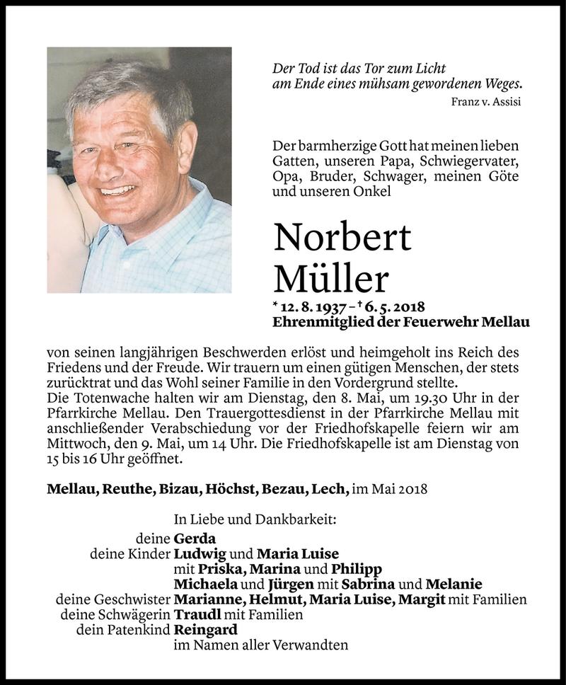  Todesanzeige für Norbert Müller vom 06.05.2018 aus Vorarlberger Nachrichten