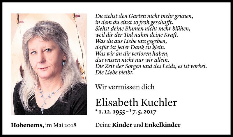  Todesanzeige für Elisabeth Kuchler vom 06.05.2018 aus Vorarlberger Nachrichten
