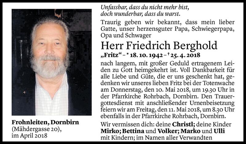  Todesanzeige für Friedrich Berghold vom 07.05.2018 aus Vorarlberger Nachrichten
