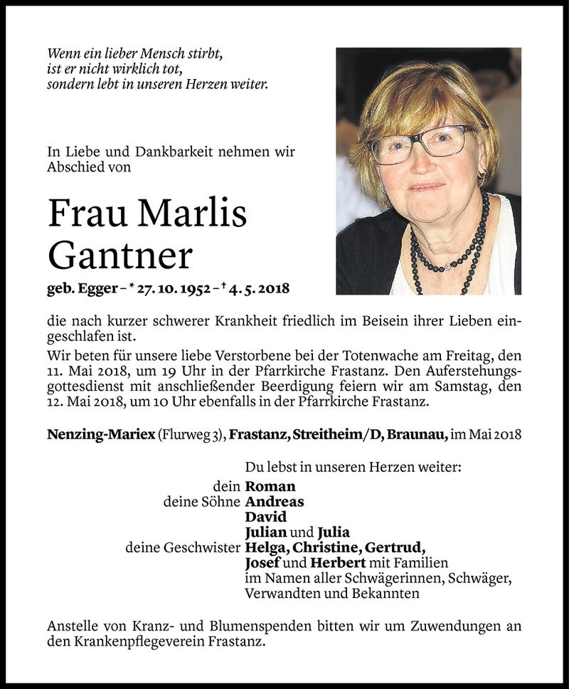  Todesanzeige für Marlis Gantner vom 07.05.2018 aus Vorarlberger Nachrichten