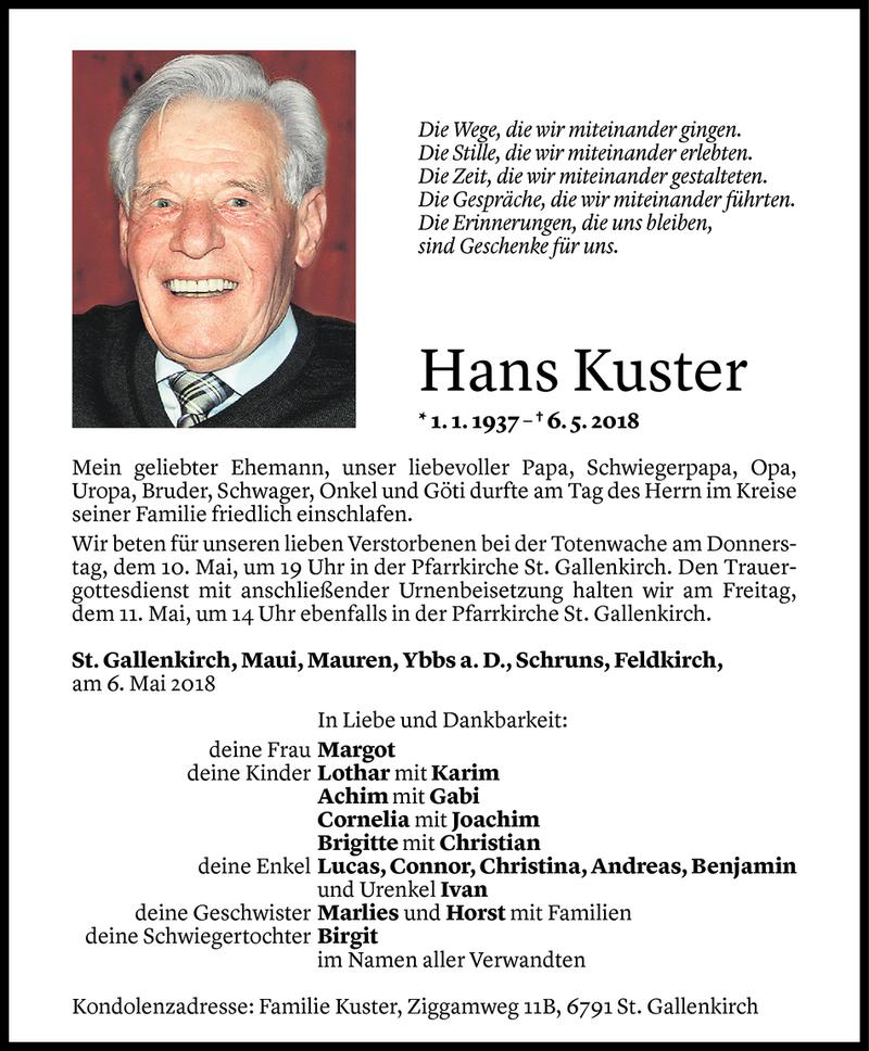  Todesanzeige für Hans Kuster vom 07.05.2018 aus Vorarlberger Nachrichten