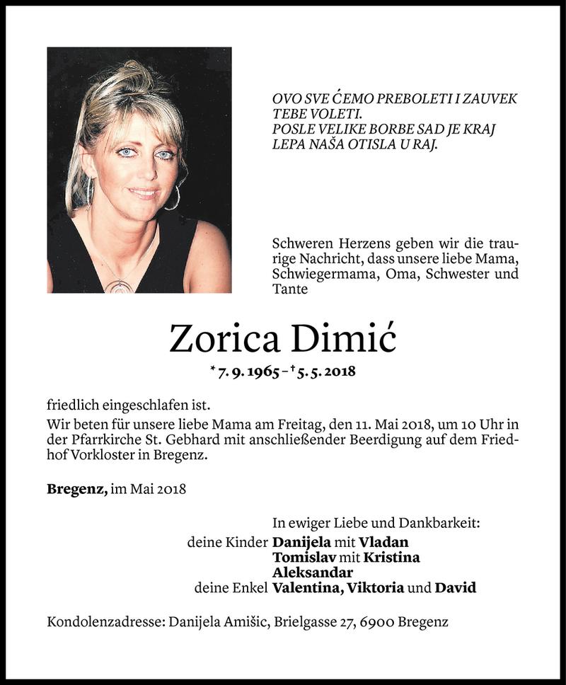  Todesanzeige für Zorica Dimic vom 07.05.2018 aus Vorarlberger Nachrichten