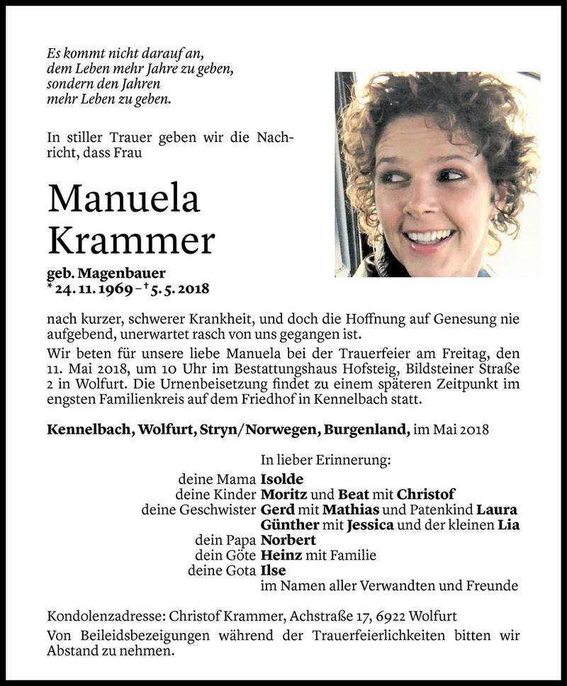  Todesanzeige für Manuela Krammer vom 07.05.2018 aus Vorarlberger Nachrichten
