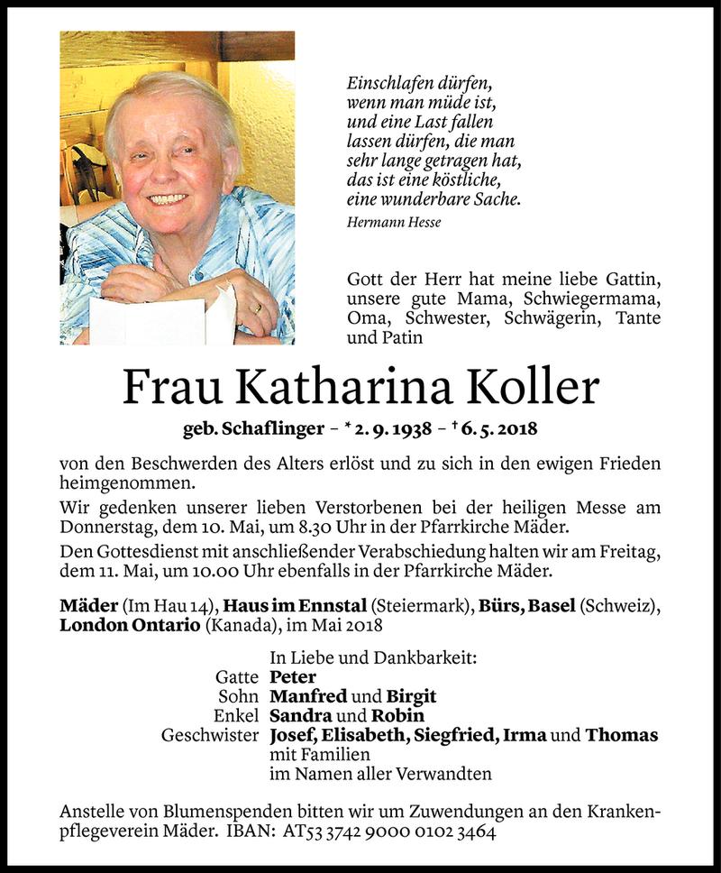  Todesanzeige für Katharina Koller vom 08.05.2018 aus Vorarlberger Nachrichten