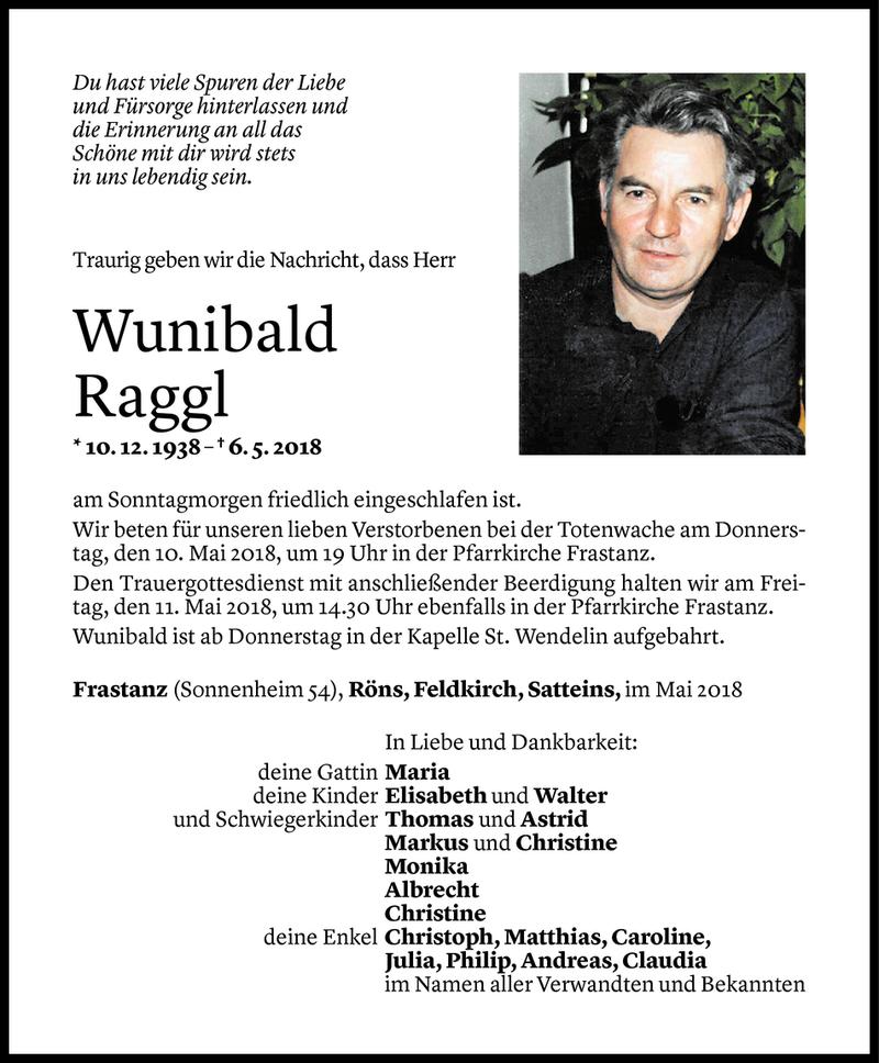  Todesanzeige für Wunibald Raggl vom 07.05.2018 aus Vorarlberger Nachrichten