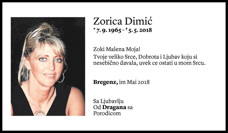  Todesanzeige für Zorica Dimic vom 08.05.2018 aus Vorarlberger Nachrichten