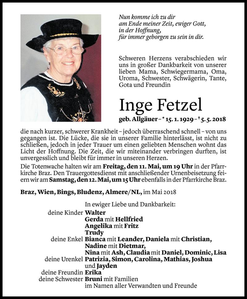 Todesanzeige für Inge Fetzel vom 09.05.2018 aus Vorarlberger Nachrichten