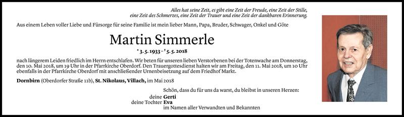  Todesanzeige für Martin Simmerle vom 08.05.2018 aus Vorarlberger Nachrichten