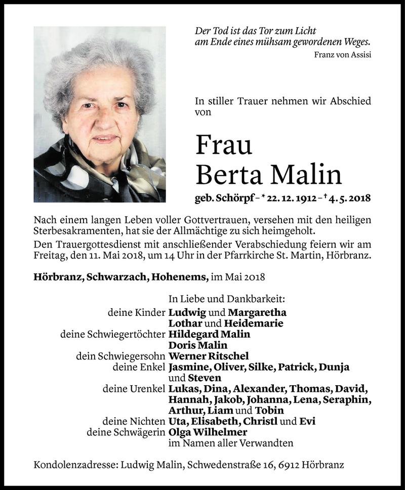  Todesanzeige für Berta Malin vom 08.05.2018 aus Vorarlberger Nachrichten