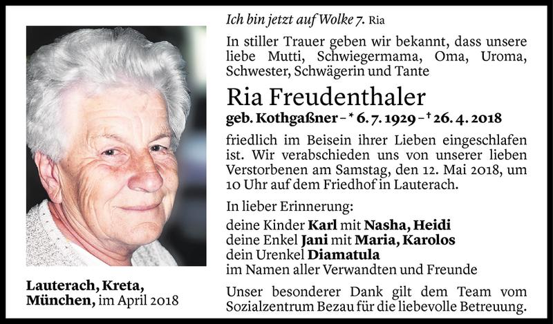  Todesanzeige für Ria Freudenthaler vom 08.05.2018 aus Vorarlberger Nachrichten