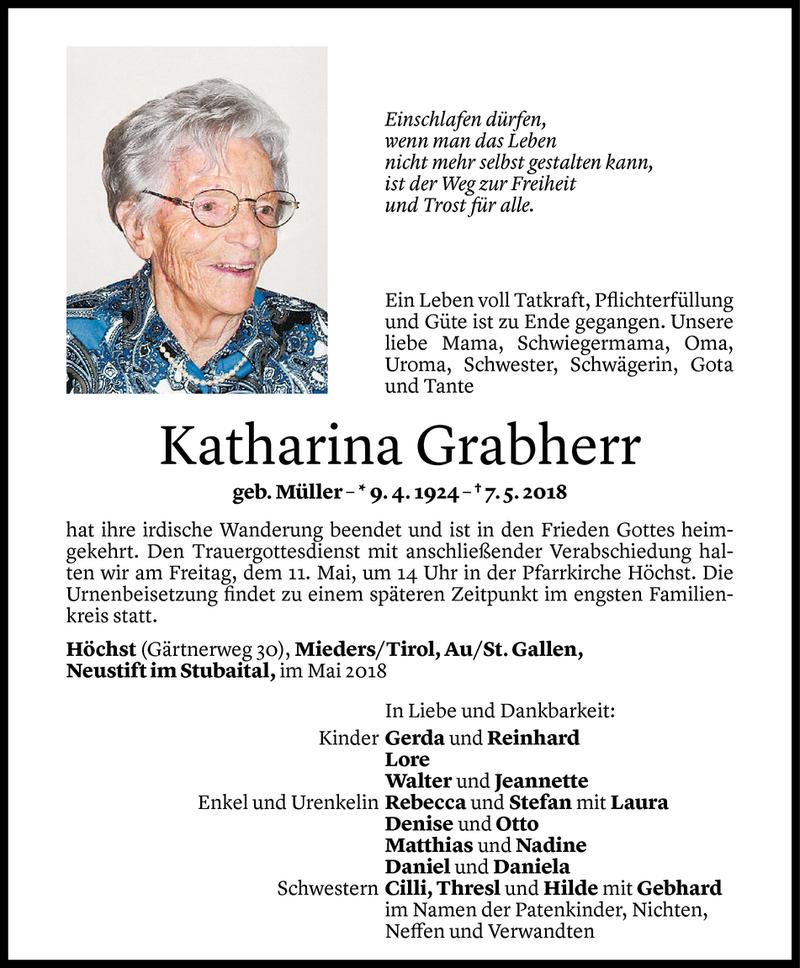  Todesanzeige für Katharina Grabherr vom 08.05.2018 aus Vorarlberger Nachrichten