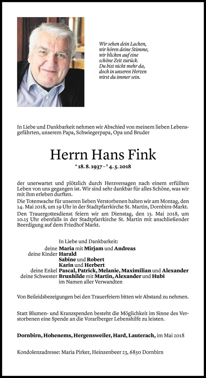  Todesanzeige für Hans Fink vom 09.05.2018 aus Vorarlberger Nachrichten
