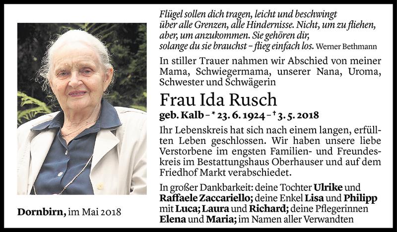  Todesanzeige für Ida Rusch vom 09.05.2018 aus Vorarlberger Nachrichten