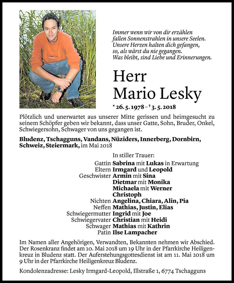  Todesanzeige für Mario Lesky vom 09.05.2018 aus Vorarlberger Nachrichten