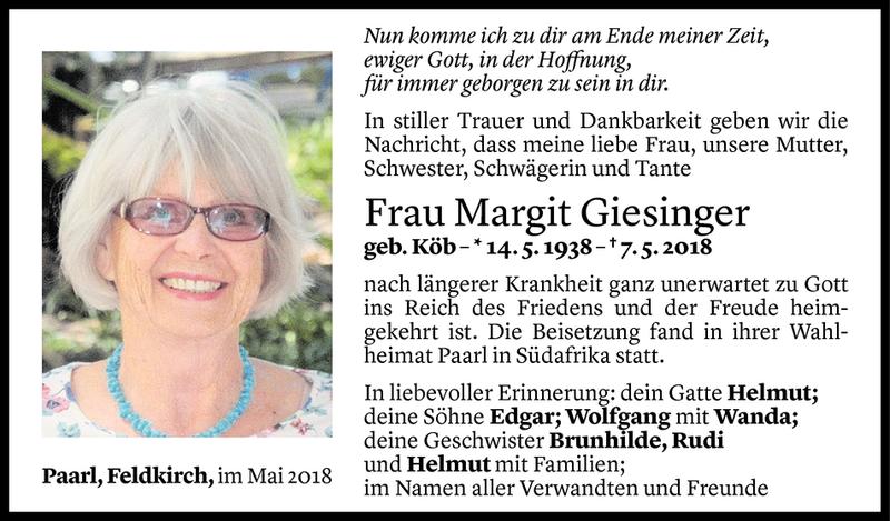  Todesanzeige für Margit Giesinger vom 12.05.2018 aus Vorarlberger Nachrichten