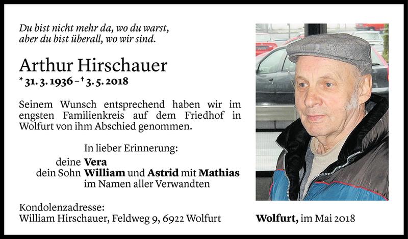  Todesanzeige für Arthur Hirschauer vom 10.05.2018 aus Vorarlberger Nachrichten