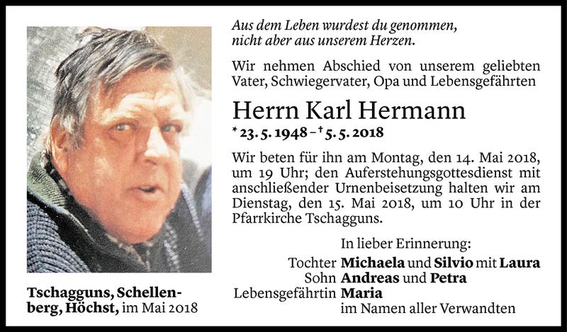  Todesanzeige für Karl Herman vom 09.05.2018 aus Vorarlberger Nachrichten