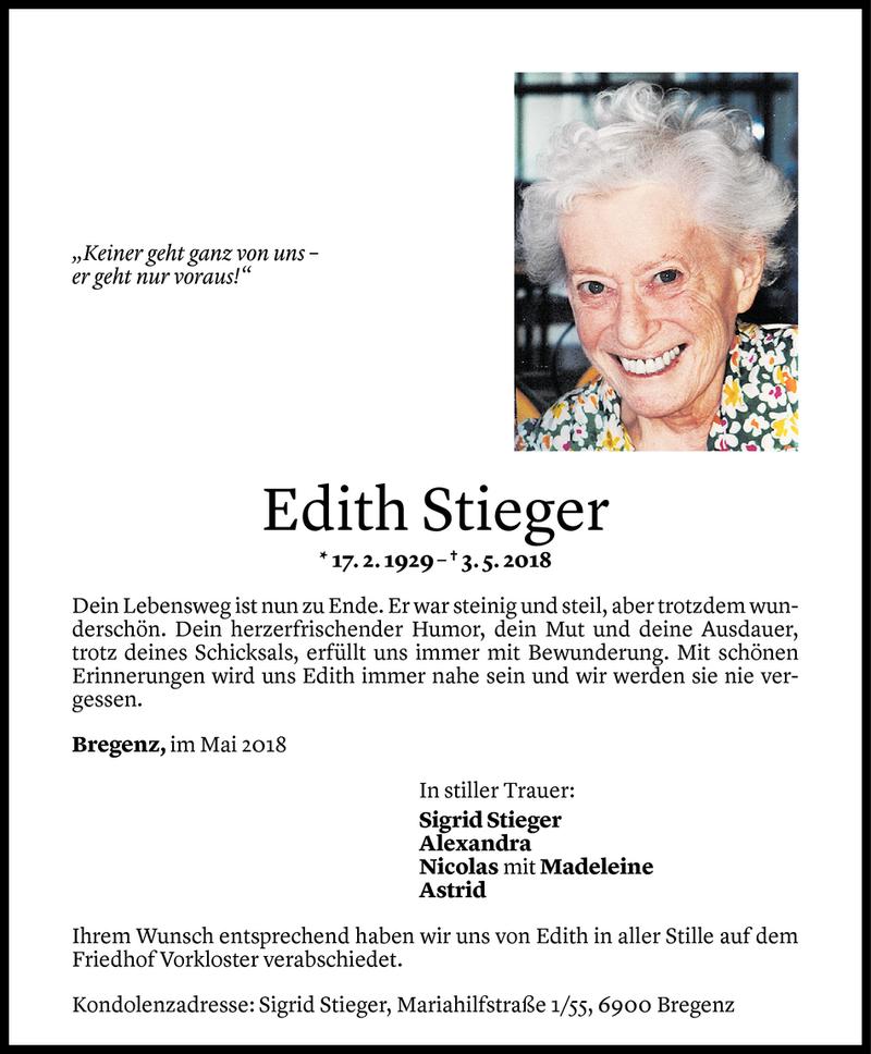  Todesanzeige für Edith Stieger vom 12.05.2018 aus Vorarlberger Nachrichten