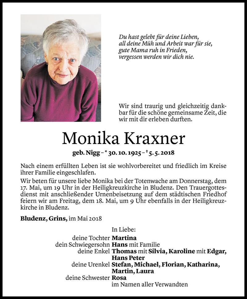  Todesanzeige für Monika Kraxner vom 12.05.2018 aus Vorarlberger Nachrichten