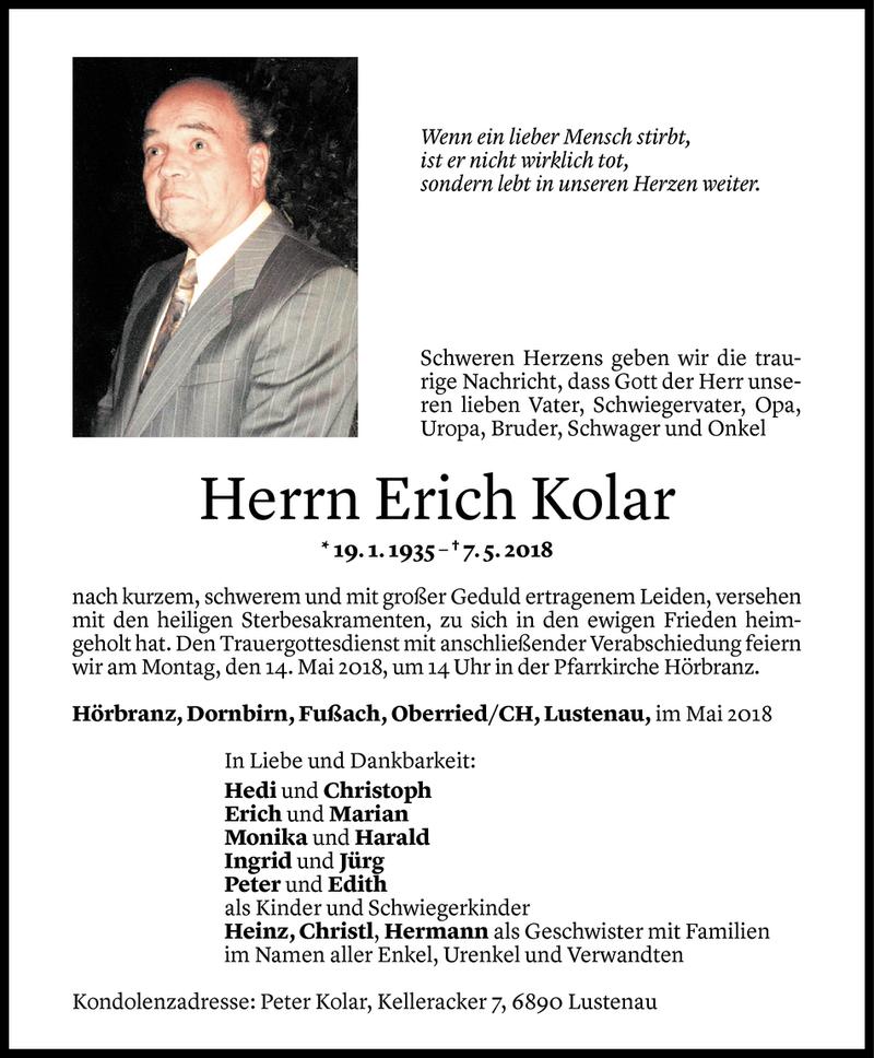  Todesanzeige für Erich Kolar vom 11.05.2018 aus Vorarlberger Nachrichten