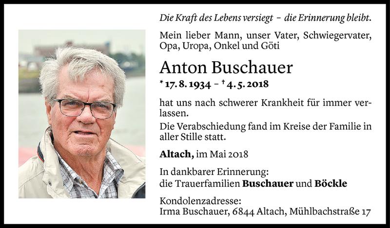  Todesanzeige für Anton Buschauer vom 12.05.2018 aus Vorarlberger Nachrichten