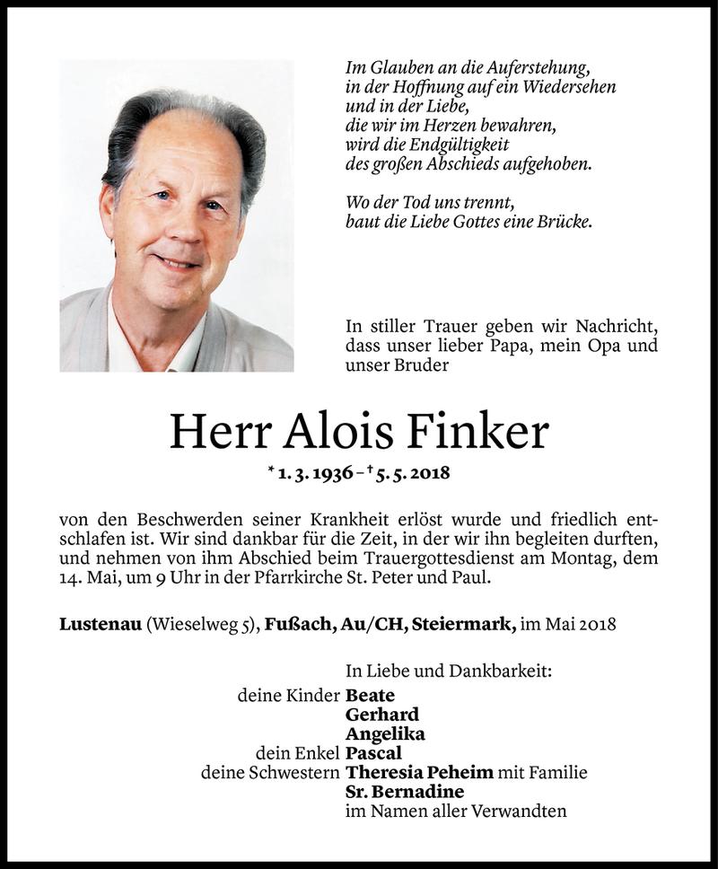  Todesanzeige für Alois Finker vom 11.05.2018 aus Vorarlberger Nachrichten
