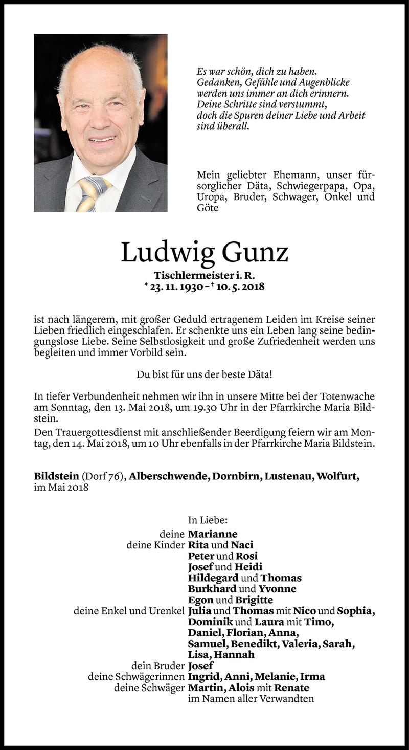  Todesanzeige für Ludwig Gunz vom 11.05.2018 aus Vorarlberger Nachrichten
