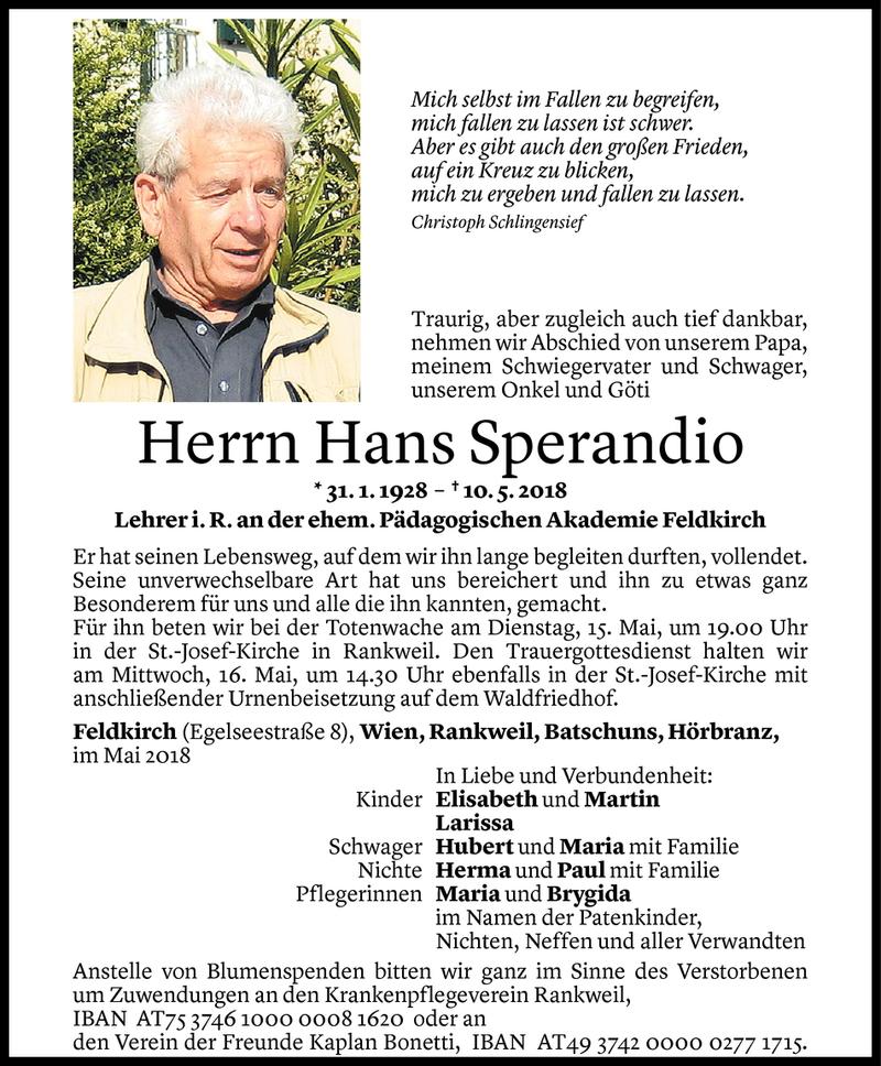  Todesanzeige für Hans Sperandio vom 12.05.2018 aus Vorarlberger Nachrichten
