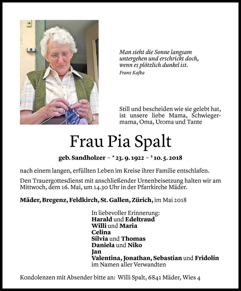 Todesanzeige für Pia Spalt vom 14.05.2018 aus Vorarlberger Nachrichten