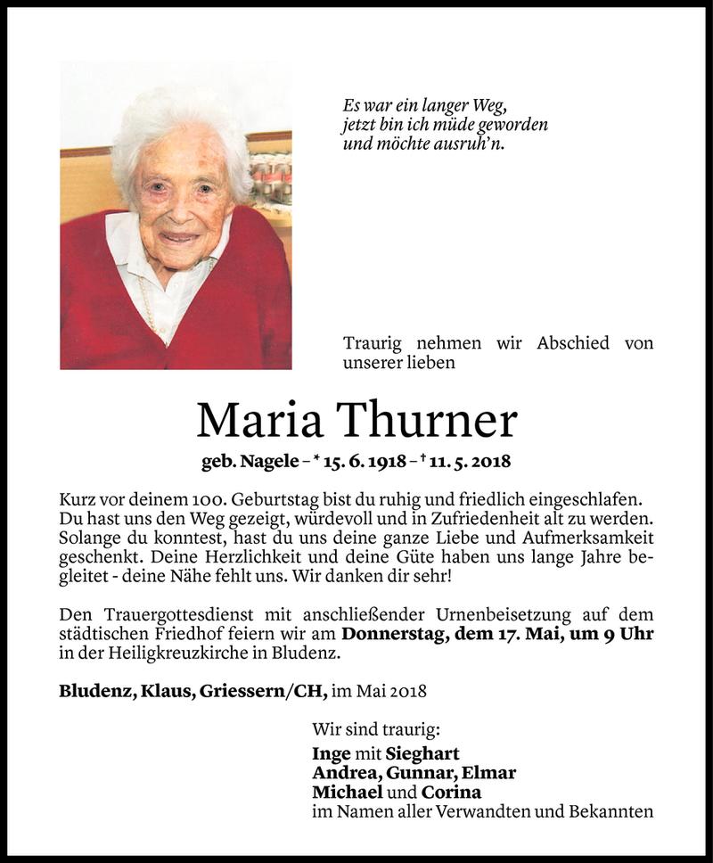  Todesanzeige für Maria Thurner vom 14.05.2018 aus Vorarlberger Nachrichten
