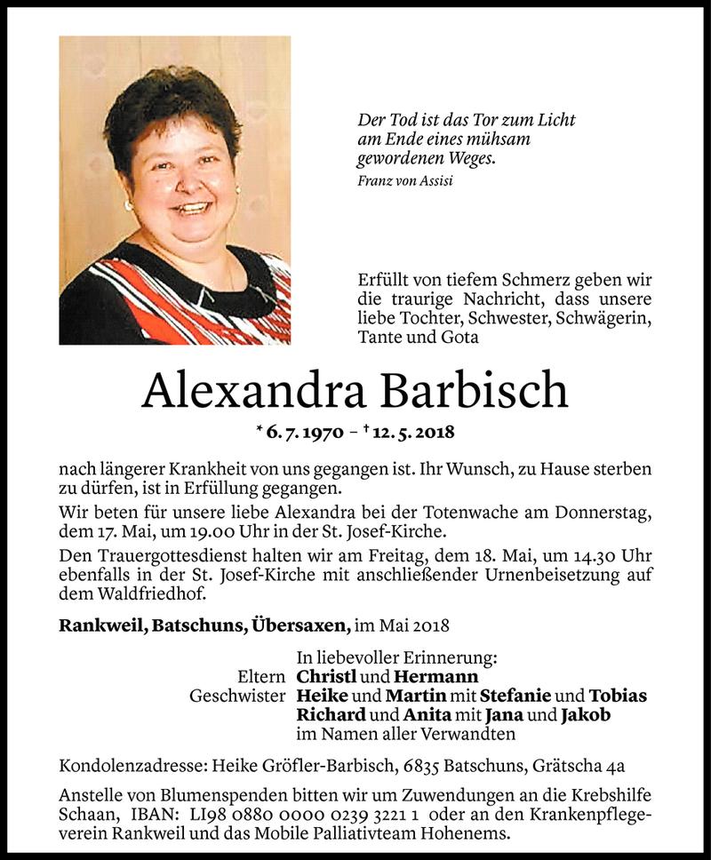  Todesanzeige für Alexandra Barbisch vom 15.05.2018 aus Vorarlberger Nachrichten
