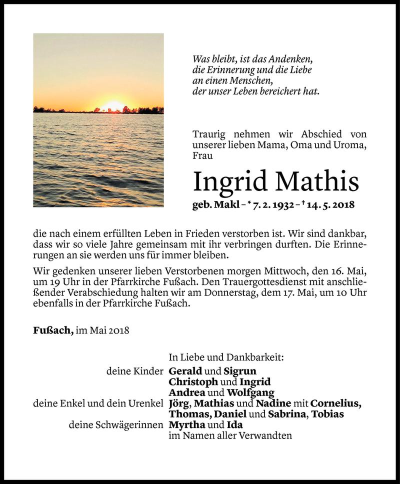  Todesanzeige für Ingrid Mathis vom 14.05.2018 aus Vorarlberger Nachrichten