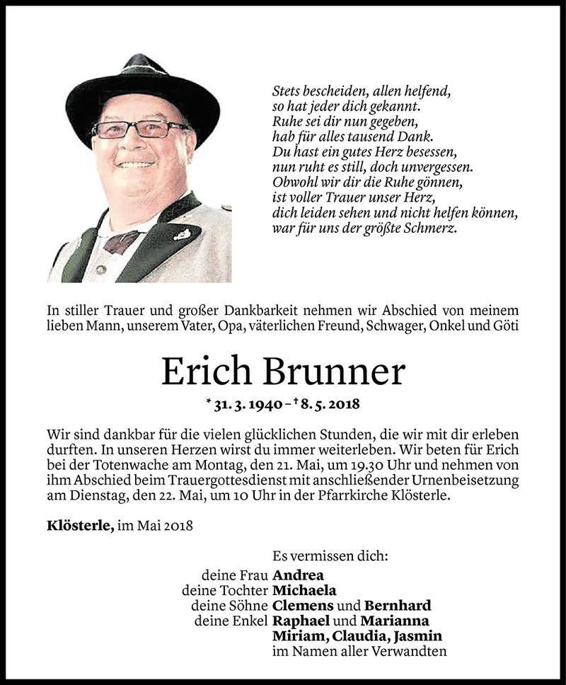  Todesanzeige für Erich Brunner vom 17.05.2018 aus Vorarlberger Nachrichten