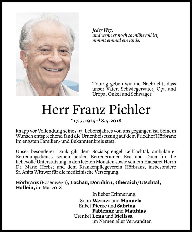  Todesanzeige für Franz Pichler vom 19.05.2018 aus Vorarlberger Nachrichten