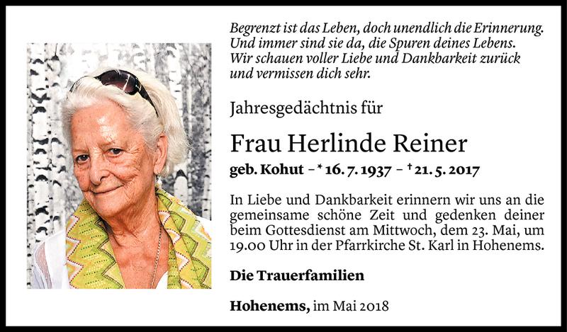  Todesanzeige für Herlinde Reiner vom 19.05.2018 aus Vorarlberger Nachrichten