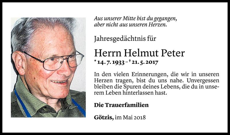  Todesanzeige für Helmut Peter vom 18.05.2018 aus Vorarlberger Nachrichten