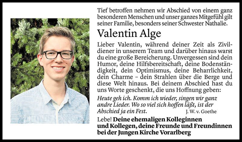  Todesanzeige für Valentin Alge vom 15.05.2018 aus Vorarlberger Nachrichten