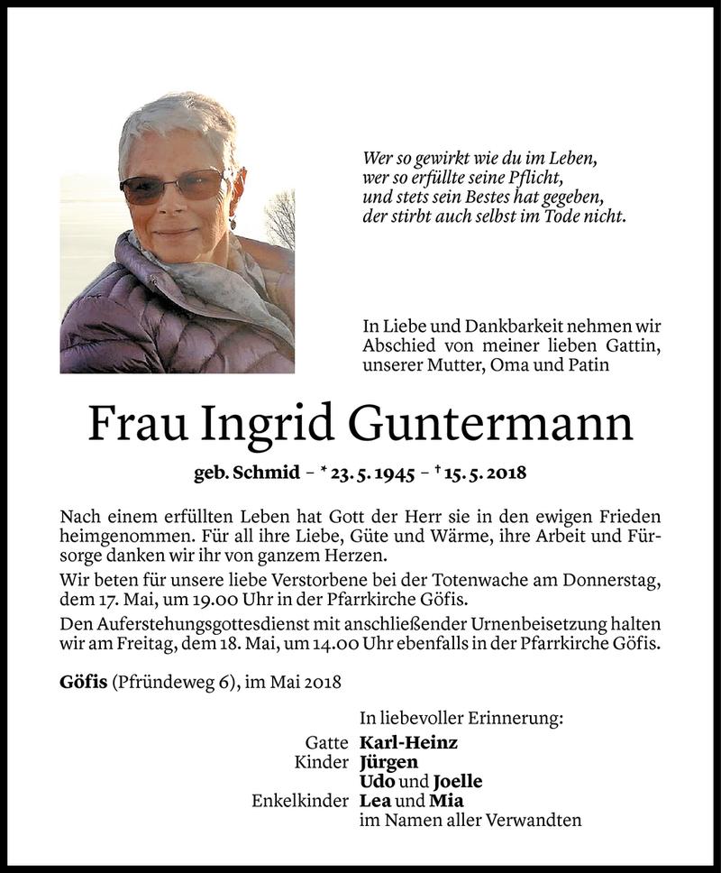  Todesanzeige für Ingrid Guntermann vom 16.05.2018 aus Vorarlberger Nachrichten