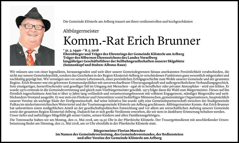  Todesanzeige für Erich Brunner vom 17.05.2018 aus Vorarlberger Nachrichten