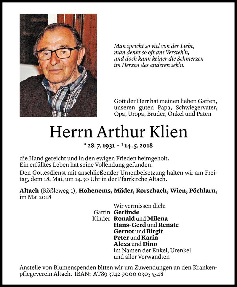  Todesanzeige für Arthur Klien vom 17.05.2018 aus Vorarlberger Nachrichten