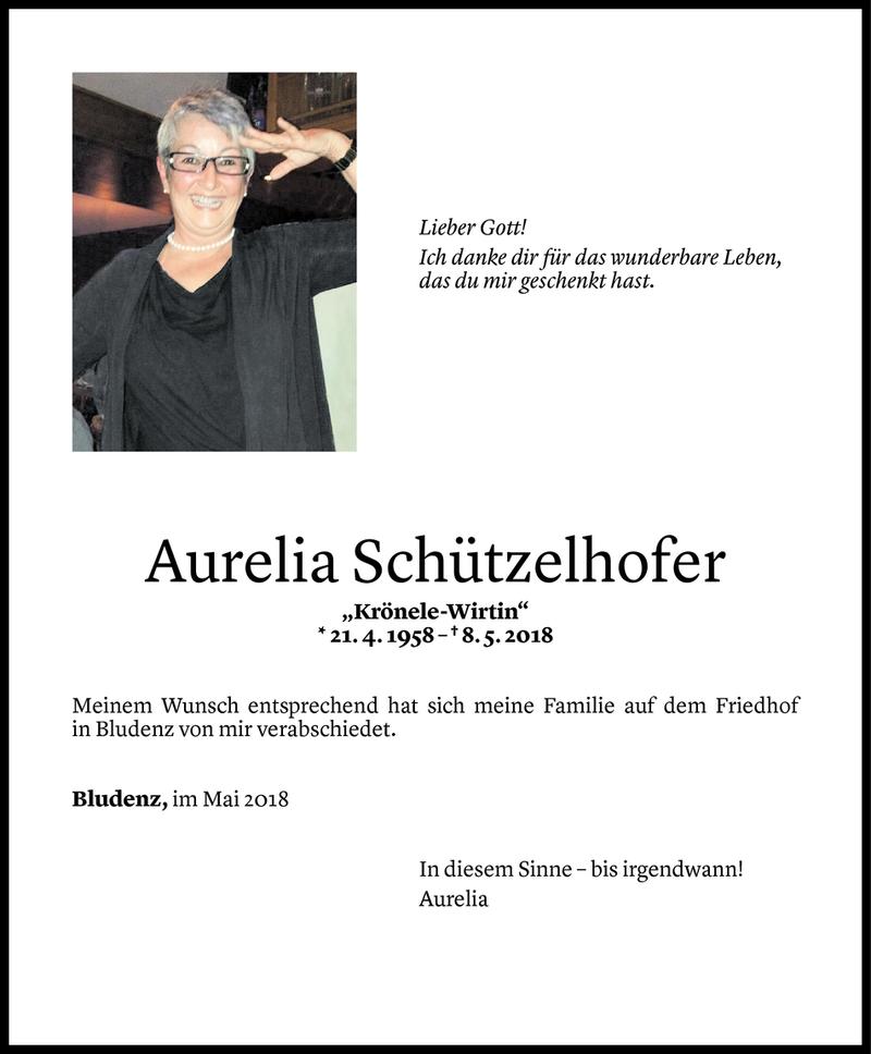  Todesanzeige für Aurelia Schützelhofer vom 17.05.2018 aus Vorarlberger Nachrichten