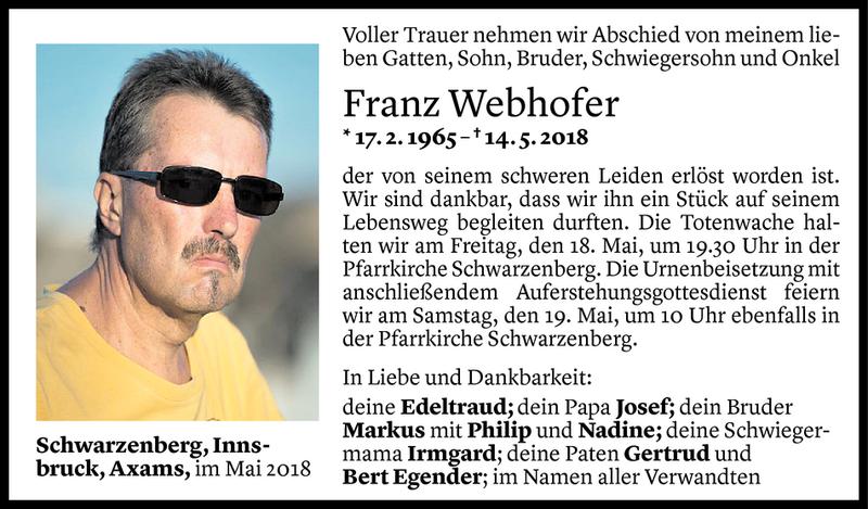  Todesanzeige für Franz Webhofer vom 16.05.2018 aus Vorarlberger Nachrichten